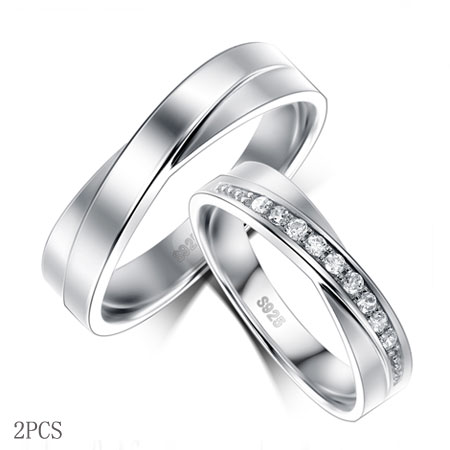 Delicate Silver Criss Cross Couple Rings with CZ Diamonds