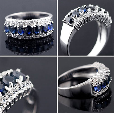 Natual Blue Sapphire Diamond Half Eternity Ring Bands UK - Click Image to Close