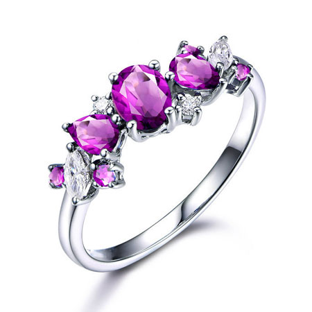 Three Stone Sterling Silver Amethyst Heart Engagement Rings [C270119]