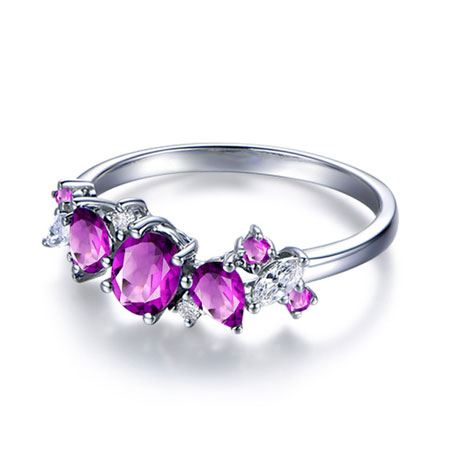Three Stone Sterling Silver Amethyst Heart Engagement Rings