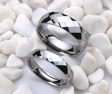 Beautiful Faceted Tungsten Carbide Couple Wedding Pair Rings